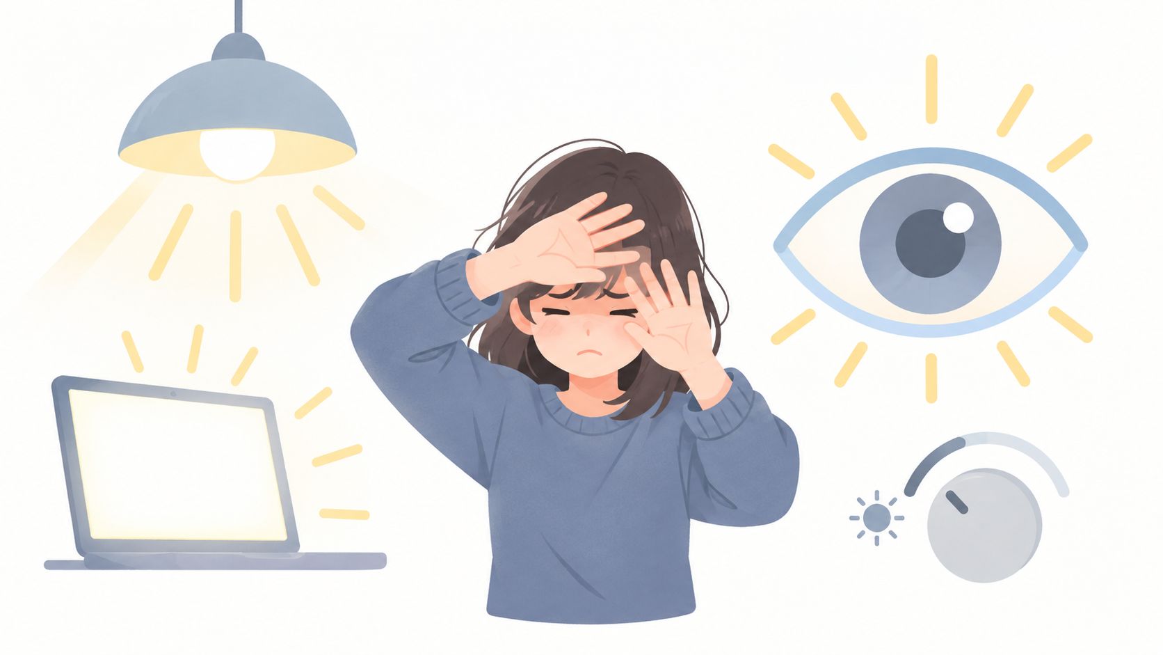 A girl covering her eyes to block out bright light from a laptop and lamp due to migraine.