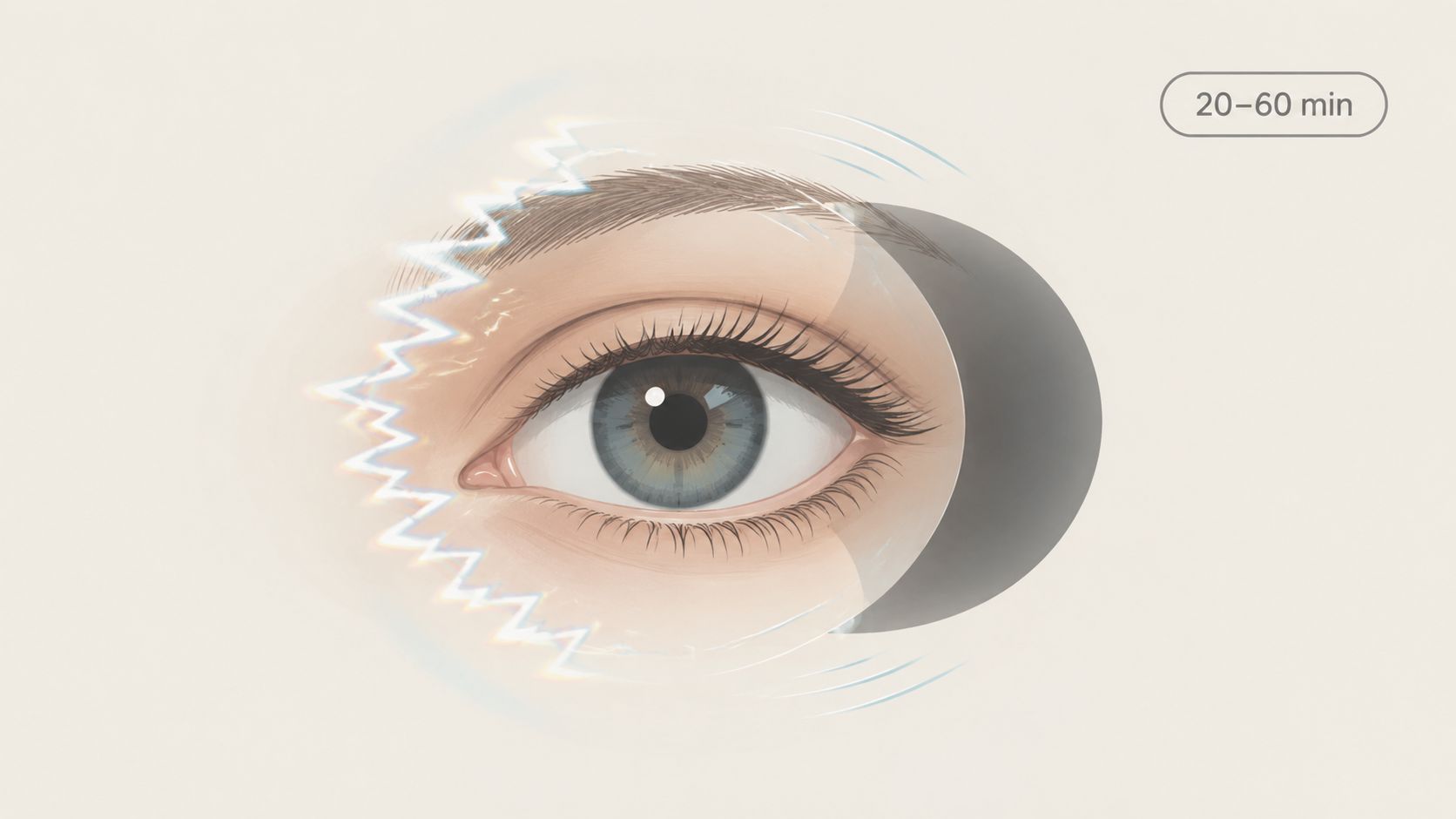 A digital illustration showing a human eye experiencing a visual migraine aura with jagged light patterns.