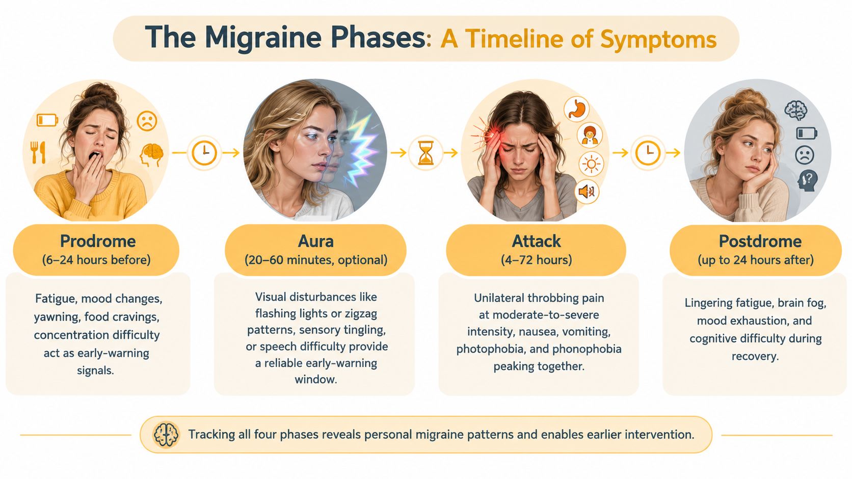 An infographic detailing the four phases of a migraine: prodrome, aura, attack, and postdrome with descriptions.