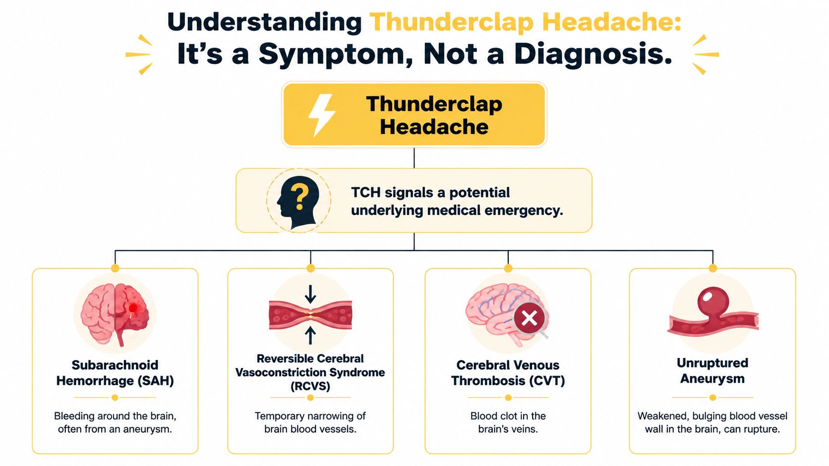 An infographic titled Understanding Thunderclap Headache explaining that it is a symptom of serious medical emergencies.