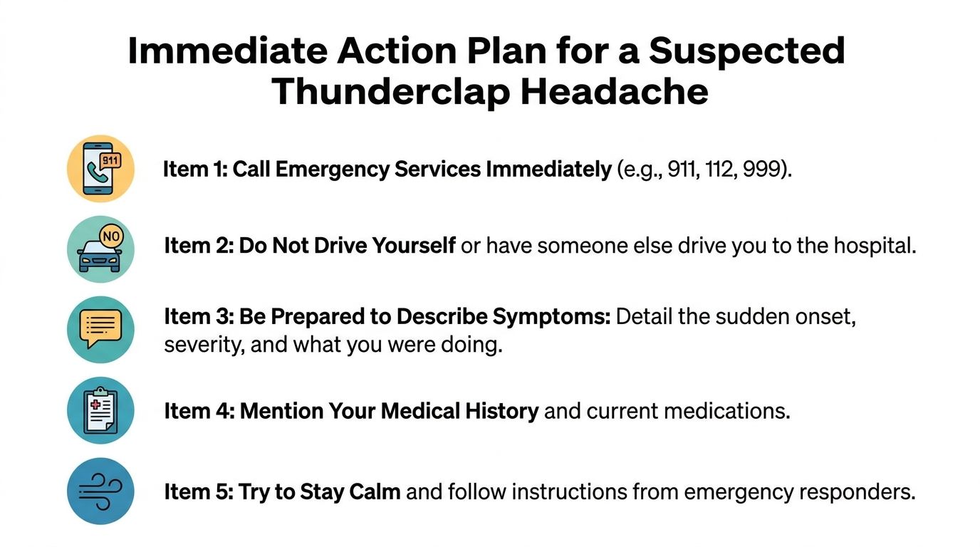 An infographic outlining five essential steps to take during a suspected medical emergency called a thunderclap headache.