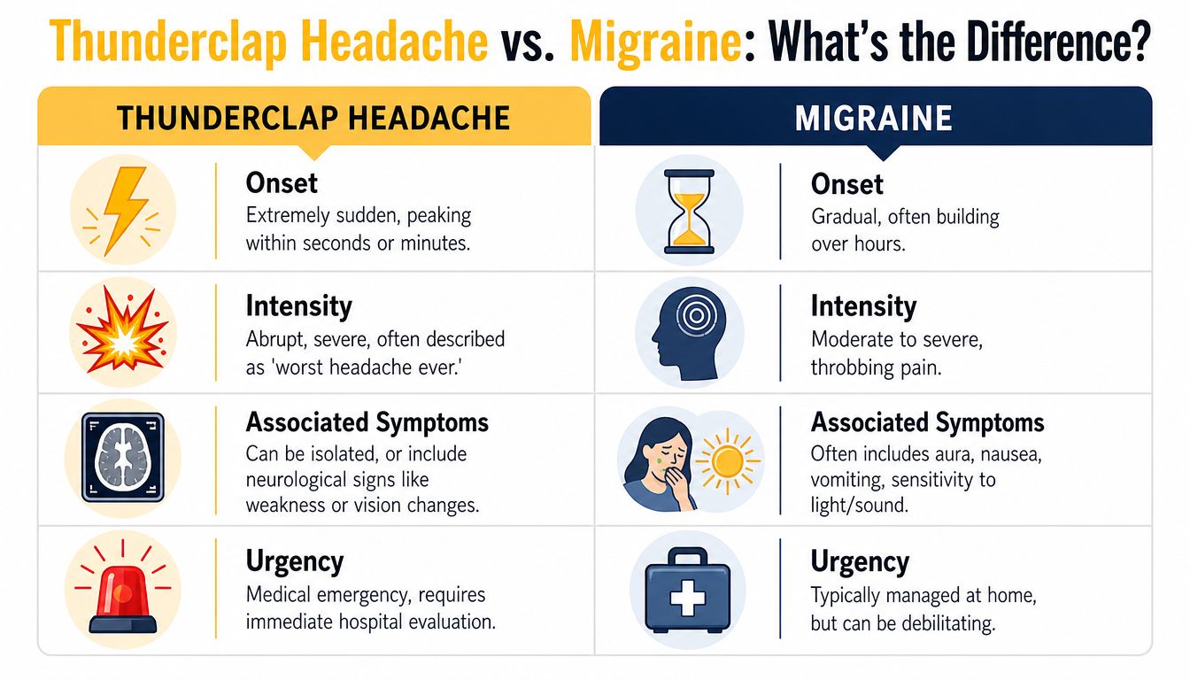 A comparison chart outlining the key differences between a thunderclap headache and a migraine including symptoms.