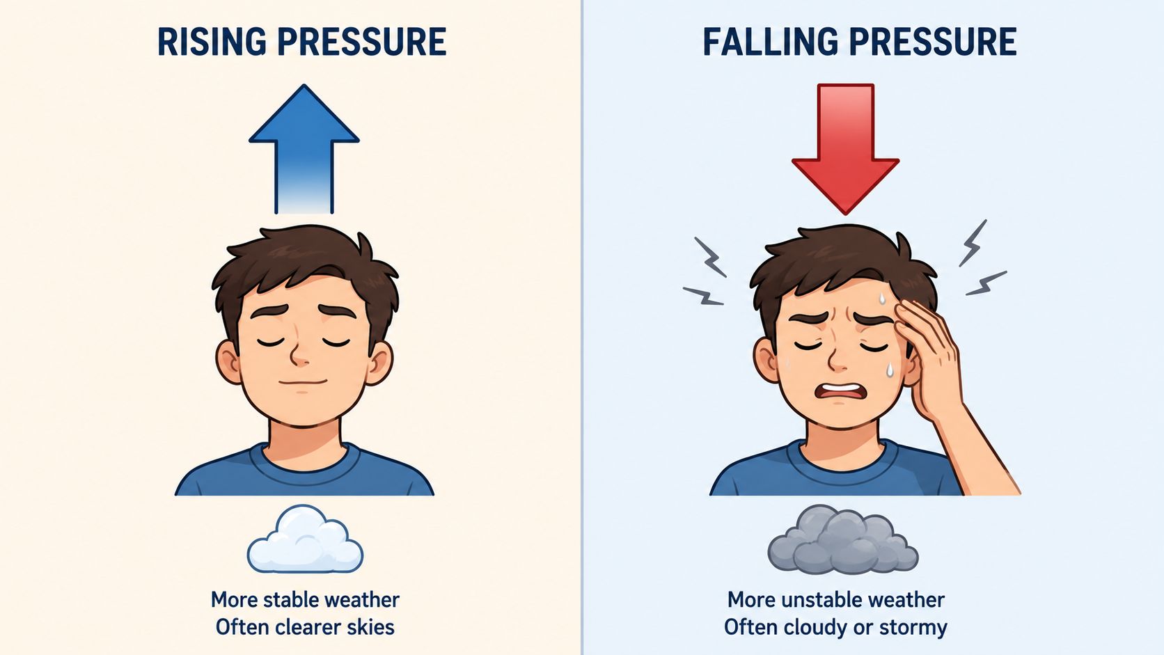 A split image showing how rising and falling barometric pressure affects both weather and personal health.
