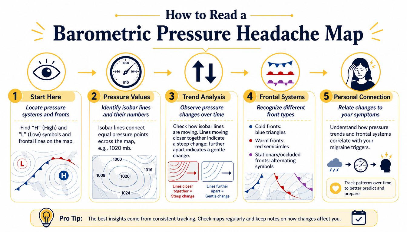 A five-step infographic explaining how to read a barometric pressure headache map for weather sensitivity.