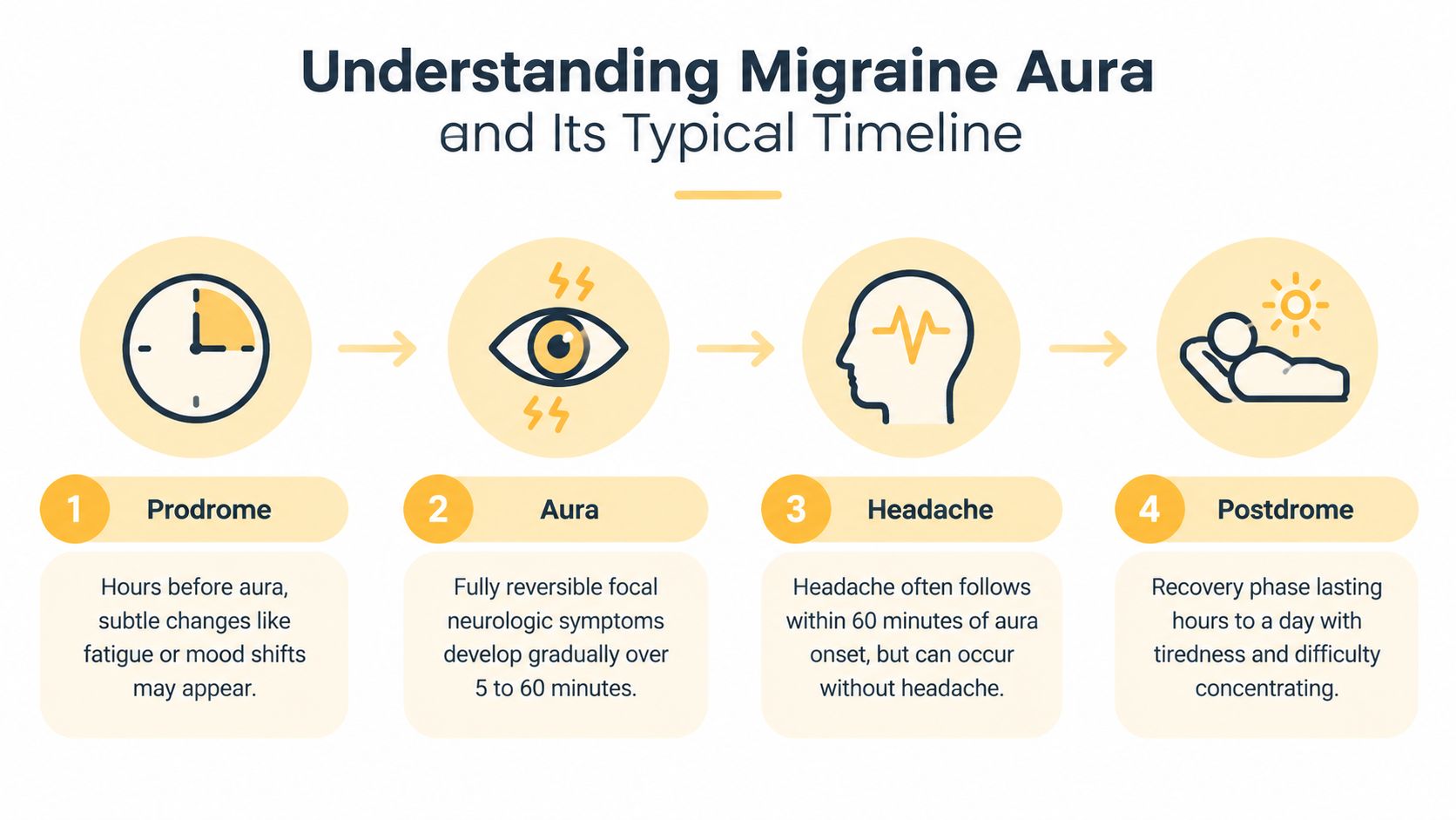 A four-step infographic illustrating the typical timeline of a migraine aura including prodrome, aura, headache, and postdrome phases.