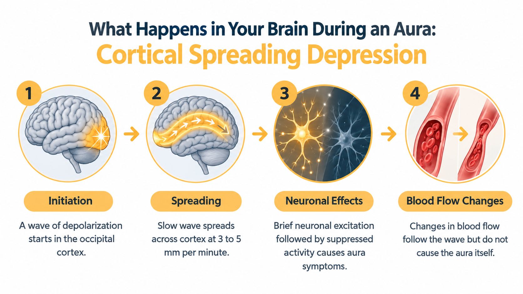 A diagram illustrating the four-step process of cortical spreading depression during a migraine aura in the brain.