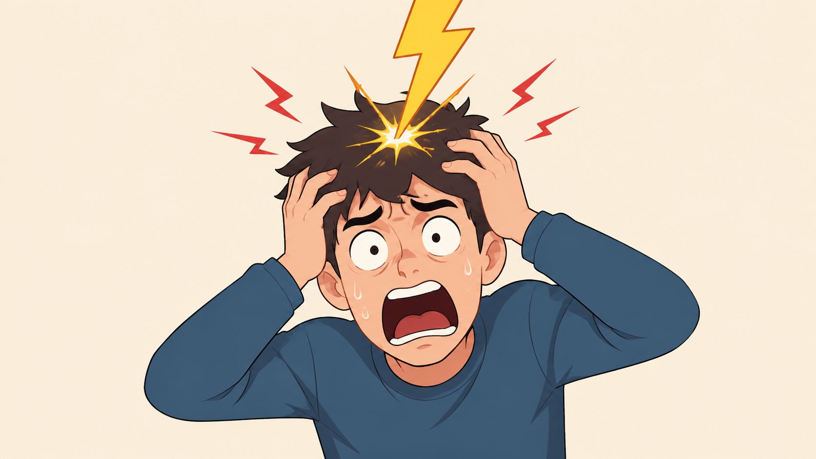 A worried young man holding his head while experiencing a sudden and intense thunderclap headache sensation.