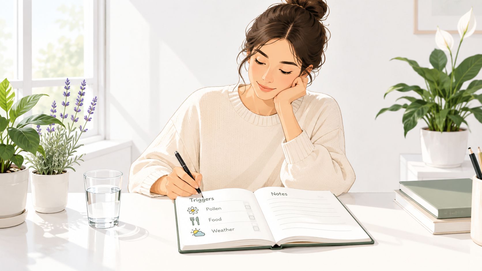 A woman writing in a journal to track potential migraine allergy triggers like pollen, food, and weather.