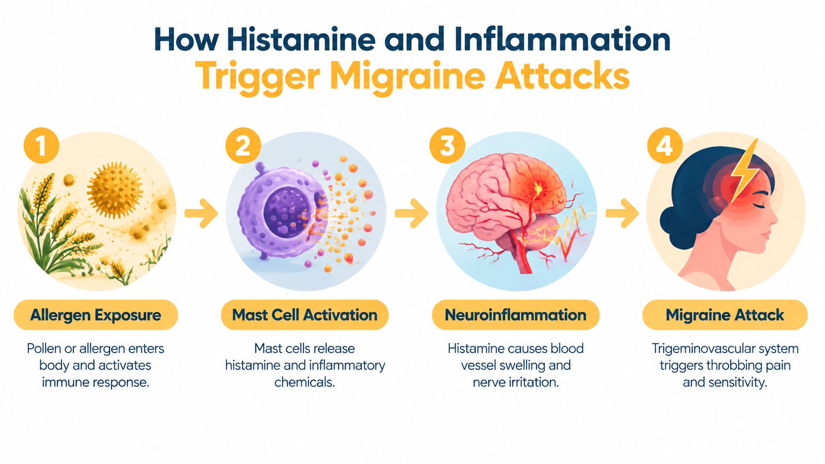 A four-step infographic illustrating how allergen exposure leads to mast cell activation, neuroinflammation, and subsequent migraine attacks.