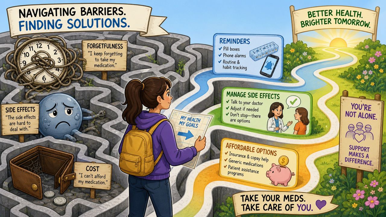 A girl navigates a maze to find solutions for medication adherence challenges like cost and side effects.