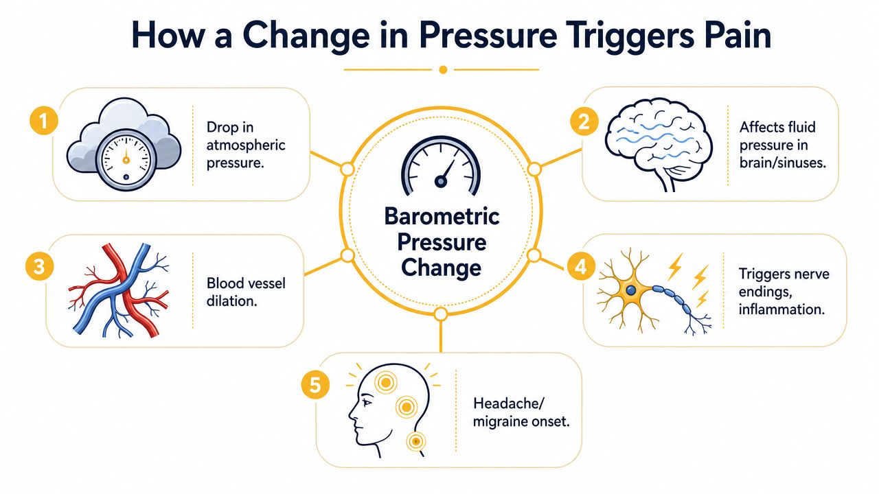 A diagram illustrating the five steps of how barometric pressure changes trigger headaches and migraines.