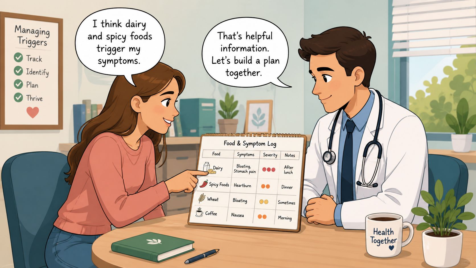 A patient discusses her food and symptom log with a doctor during a clinical consultation.
