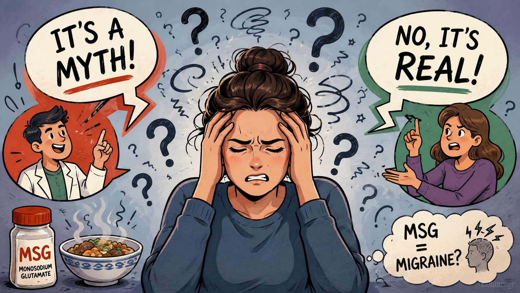 A confused woman holds her head while debating whether MSG causes migraines with opposing viewpoints.