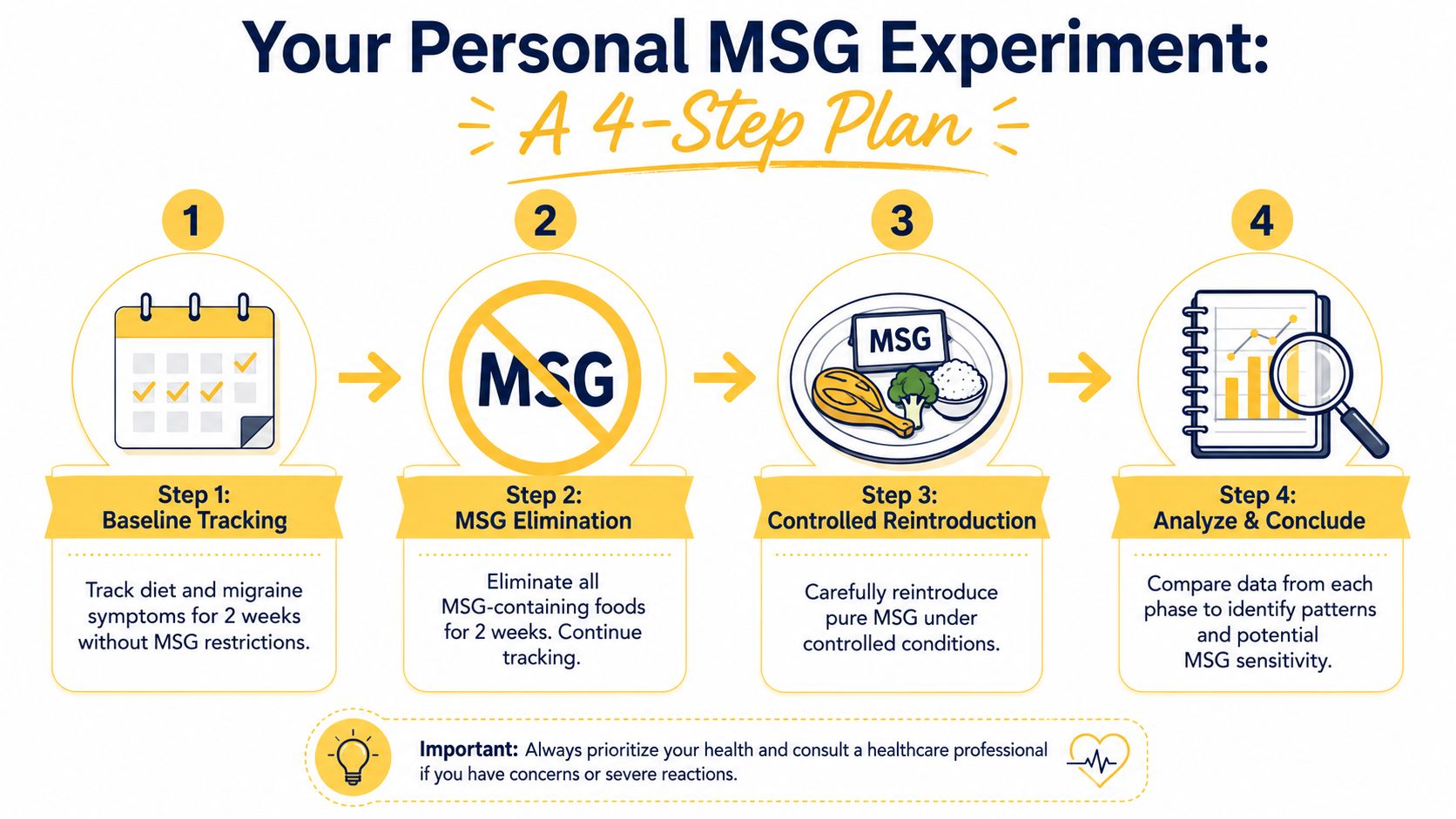 A four-step infographic showing how to conduct a personal experiment to identify MSG sensitivity and migraine triggers.