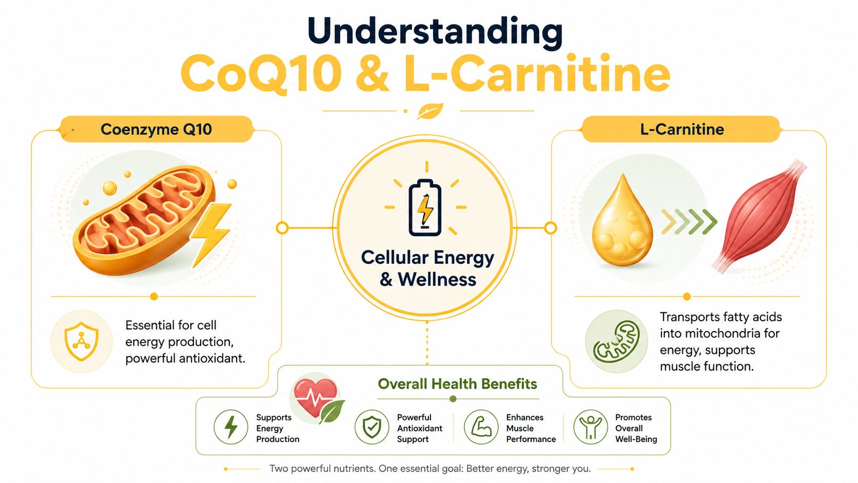 An infographic illustrating the health benefits and functions of Coenzyme Q10 and L-Carnitine for cellular energy.