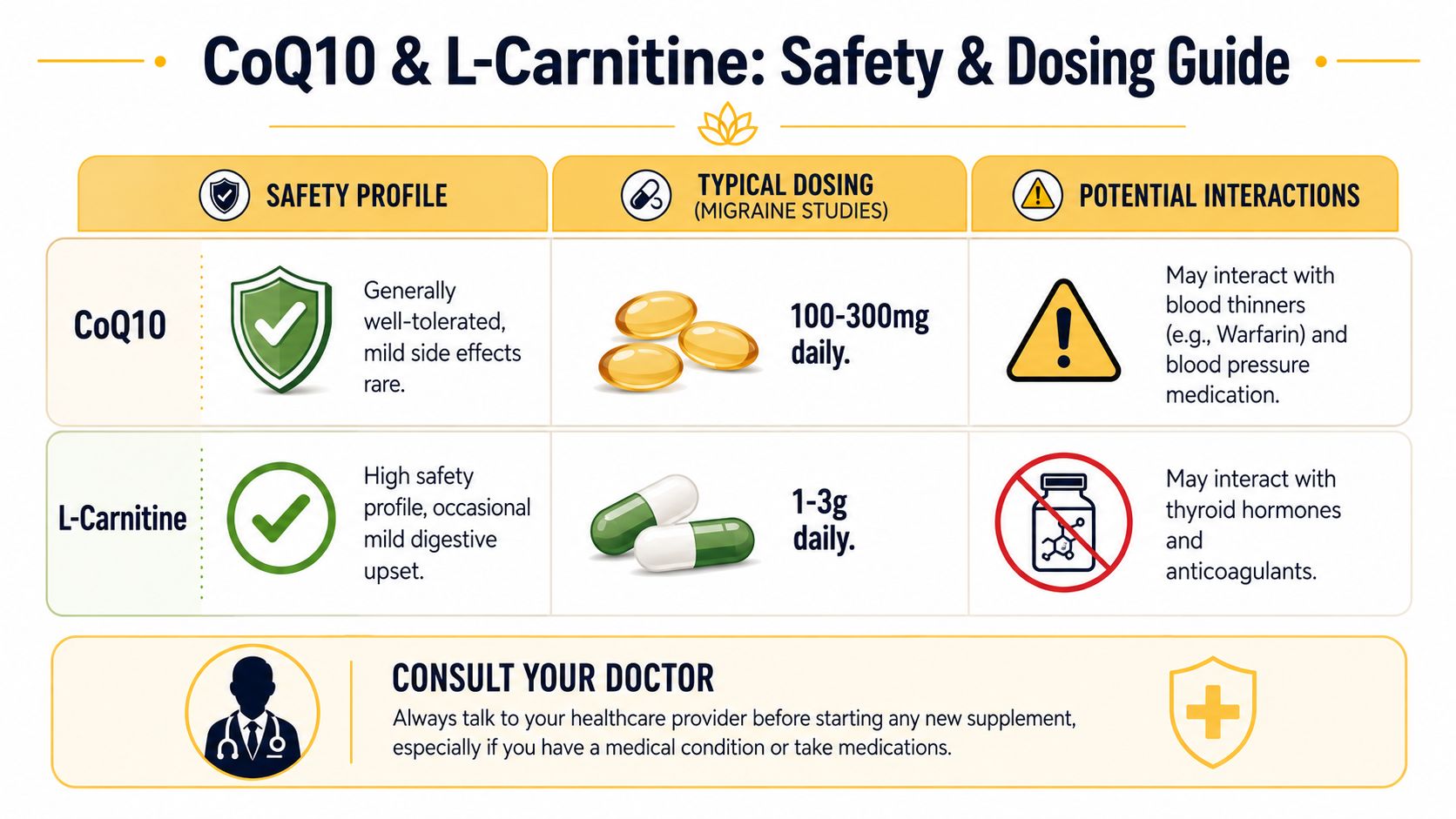 A safety and dosing guide infographic comparing the supplements CoQ10 and L-Carnitine for migraine management.