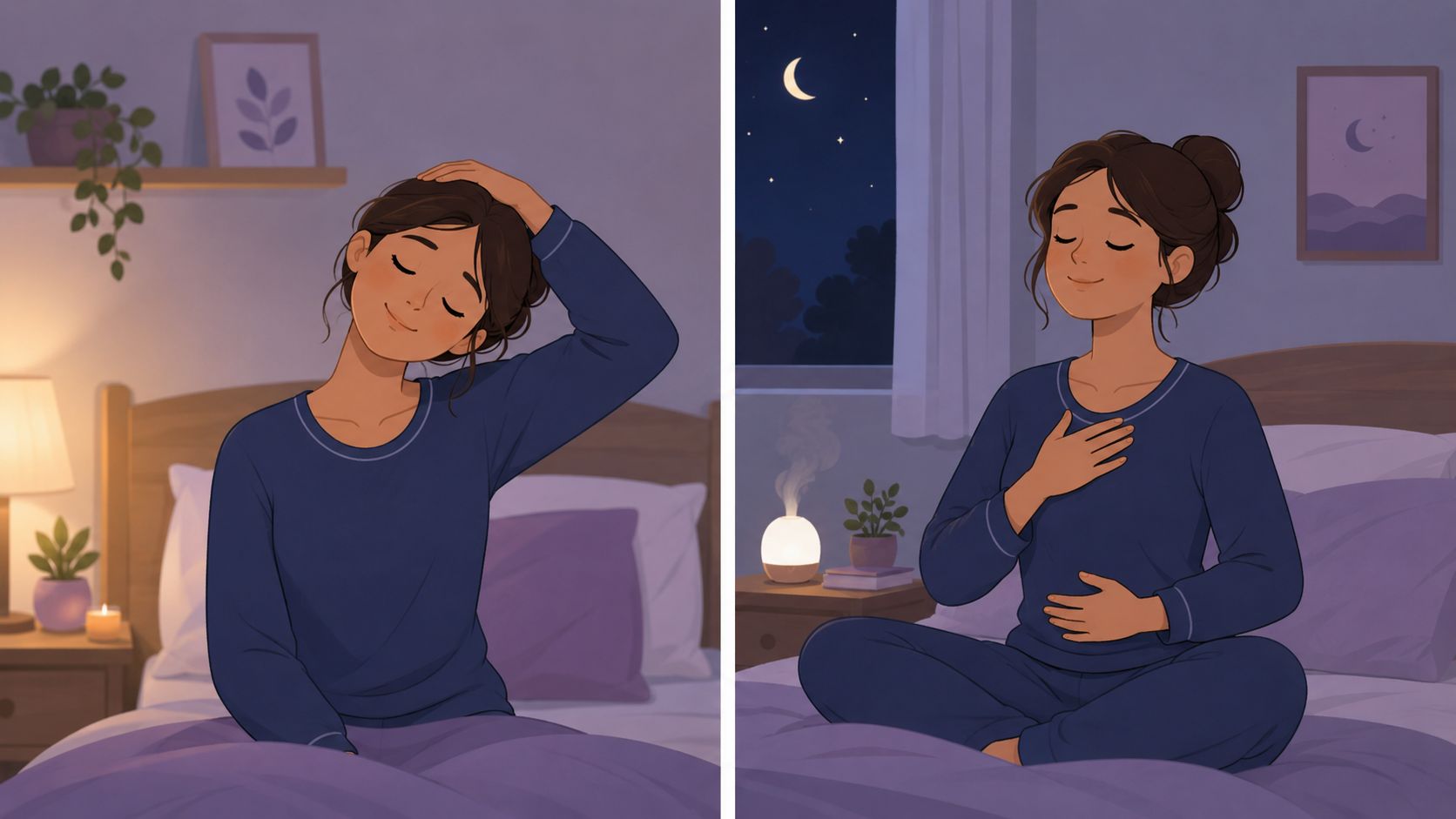 A woman in pajamas performing gentle neck stretches and deep breathing exercises while sitting in bed at night.