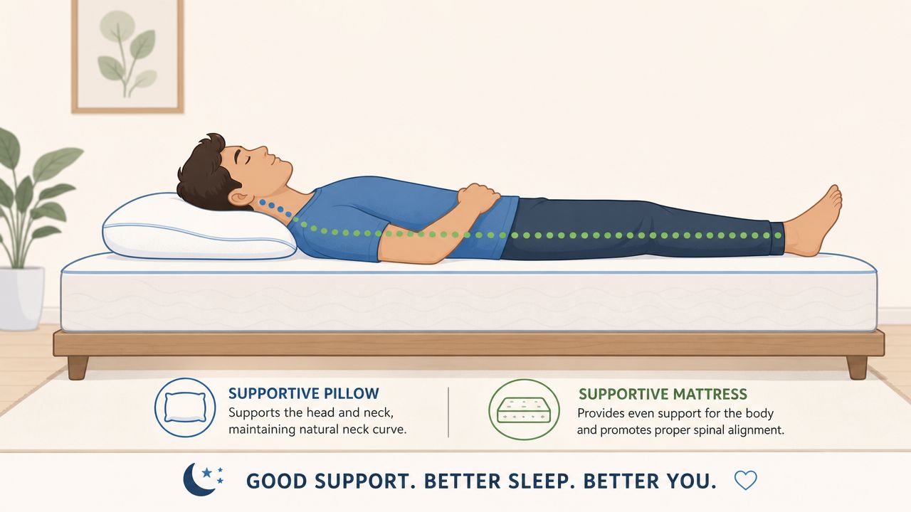 A person lying on a supportive mattress with a pillow, illustrating correct spinal alignment for sleep.