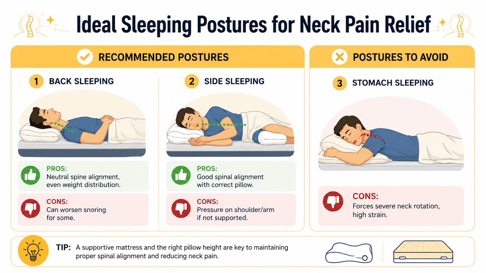 An infographic illustrating recommended sleeping postures for neck pain relief, including back, side, and stomach sleeping positions.