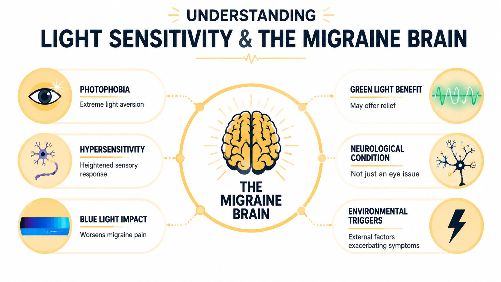 An infographic titled Understanding Light Sensitivity and the Migraine Brain, illustrating neurological and environmental triggers.