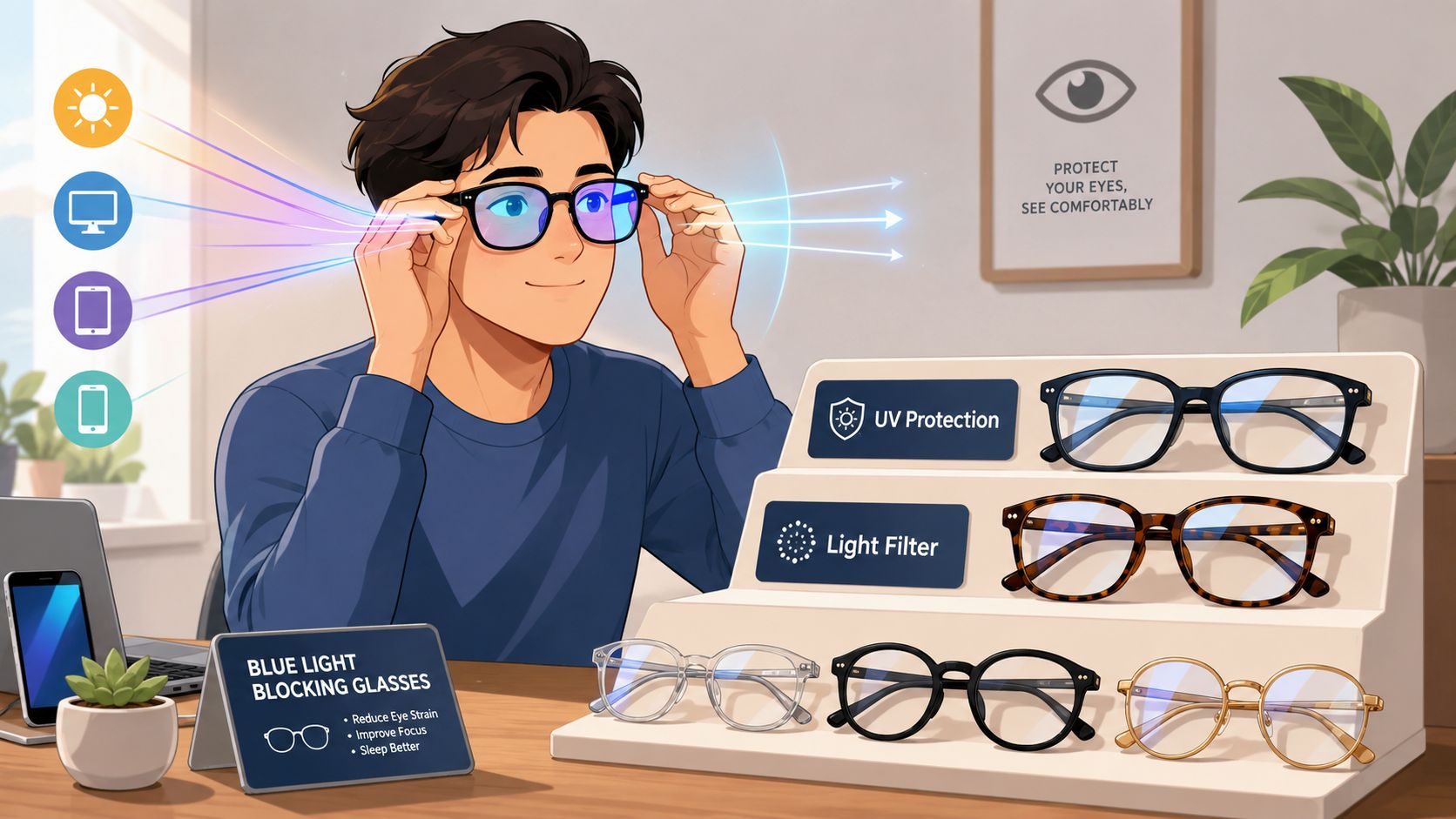 A young man putting on blue light blocking glasses to protect his eyes from digital screen light.