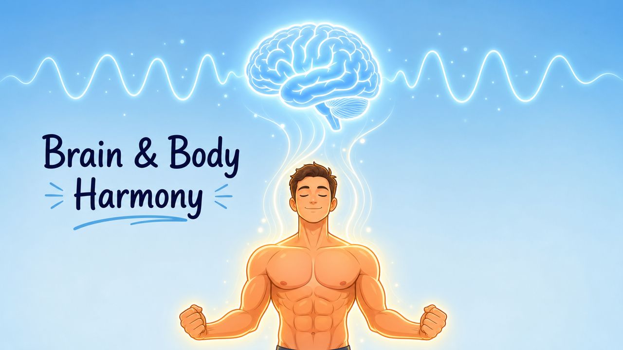 A muscular man in a meditative pose with a glowing brain illustration above his head representing mindfulness.