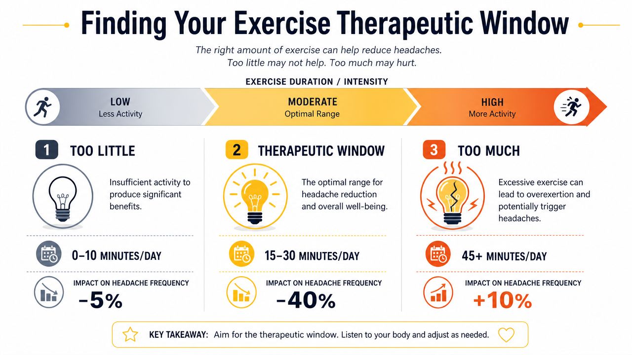 An infographic showing how exercise duration and intensity affect headache frequency within a therapeutic window.