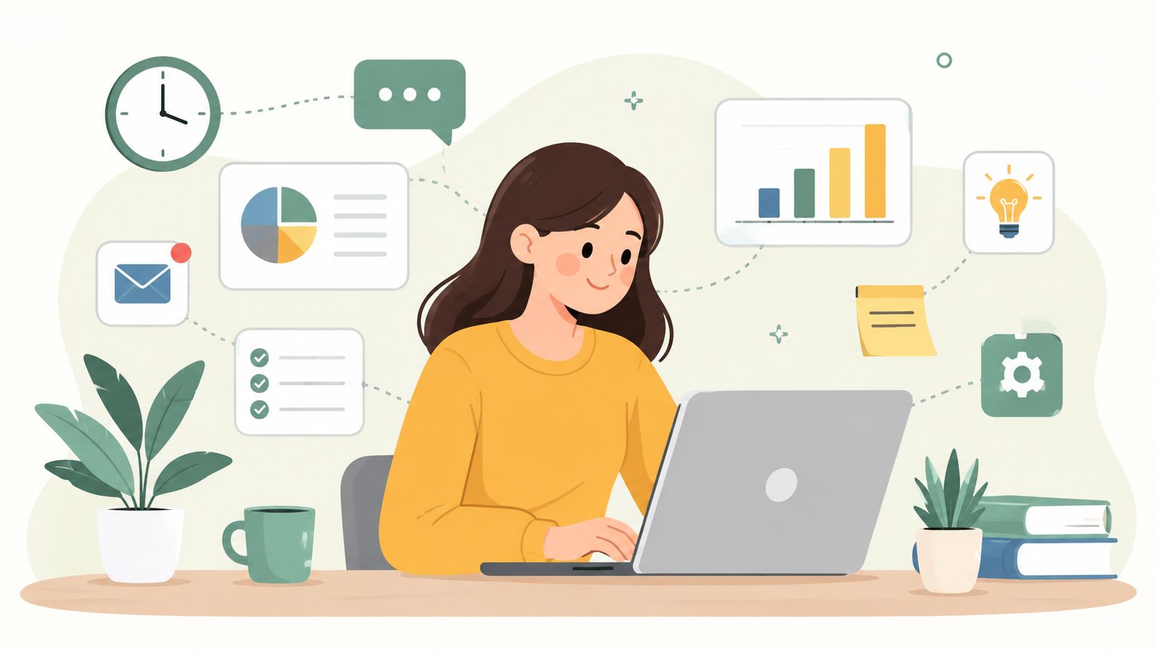 A woman working on her laptop surrounded by icons representing productivity, time management, and data analysis.