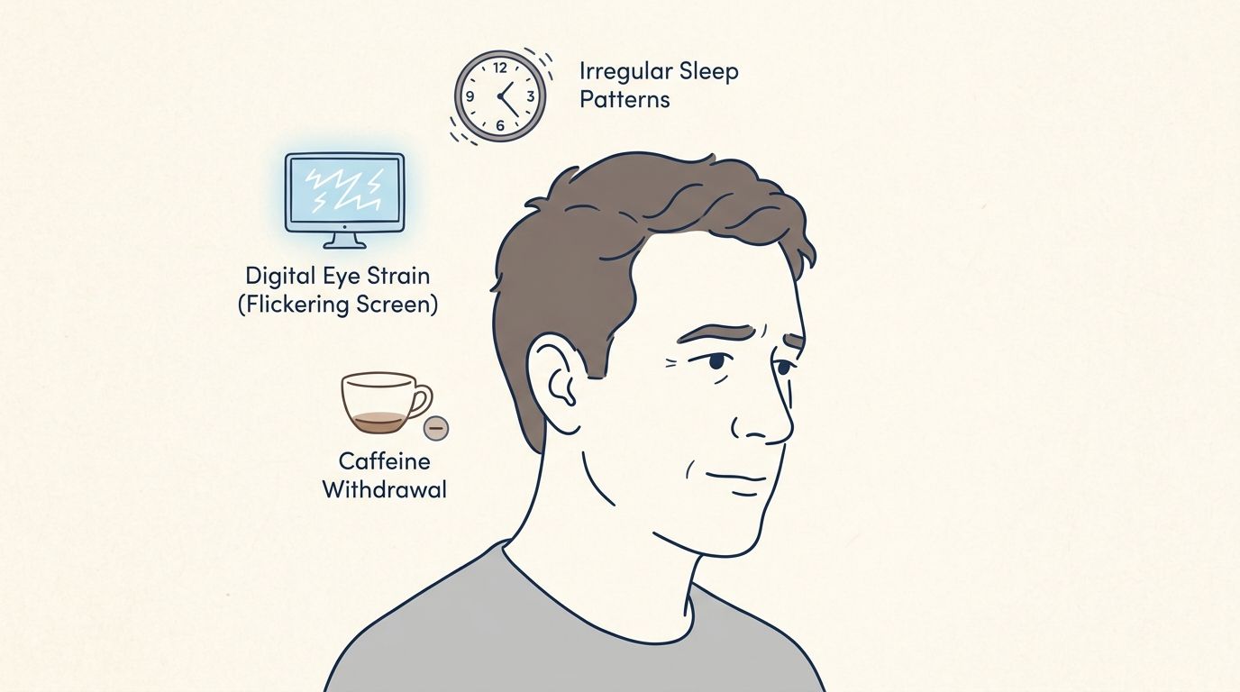 An illustration showing three common triggers for migraines in men: digital eye strain, irregular sleep, and caffeine withdrawal.
