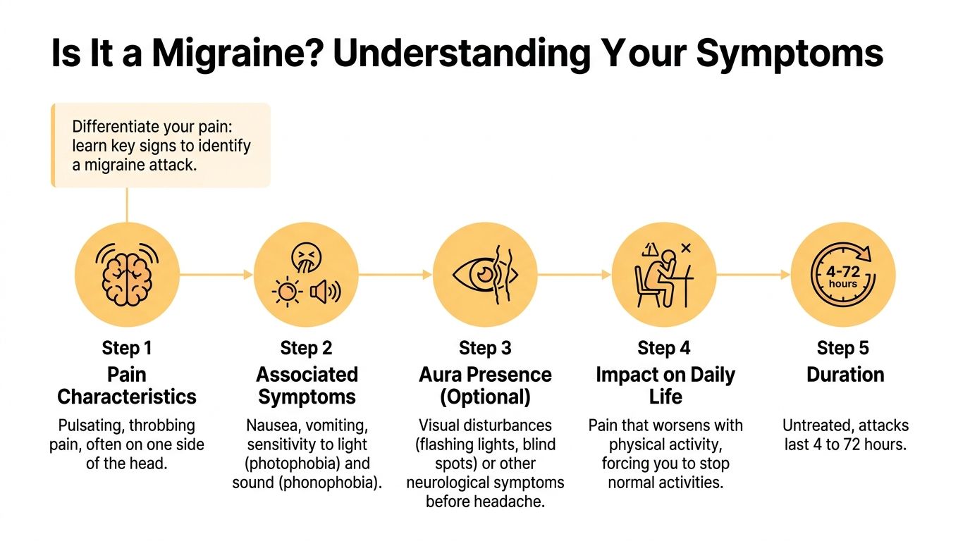 A five-step infographic showing common symptoms and characteristics used to identify a migraine attack.