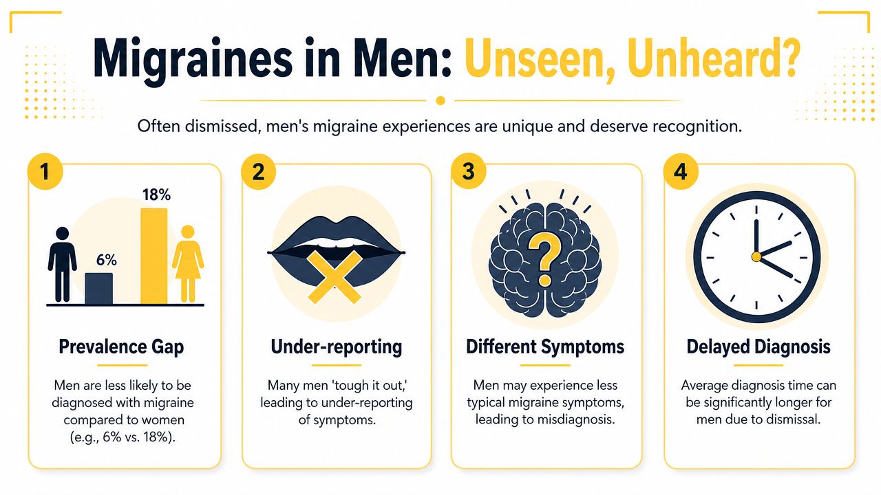 An infographic titled Migraines in Men explaining the prevalence gap, under-reporting, different symptoms, and delayed diagnosis.