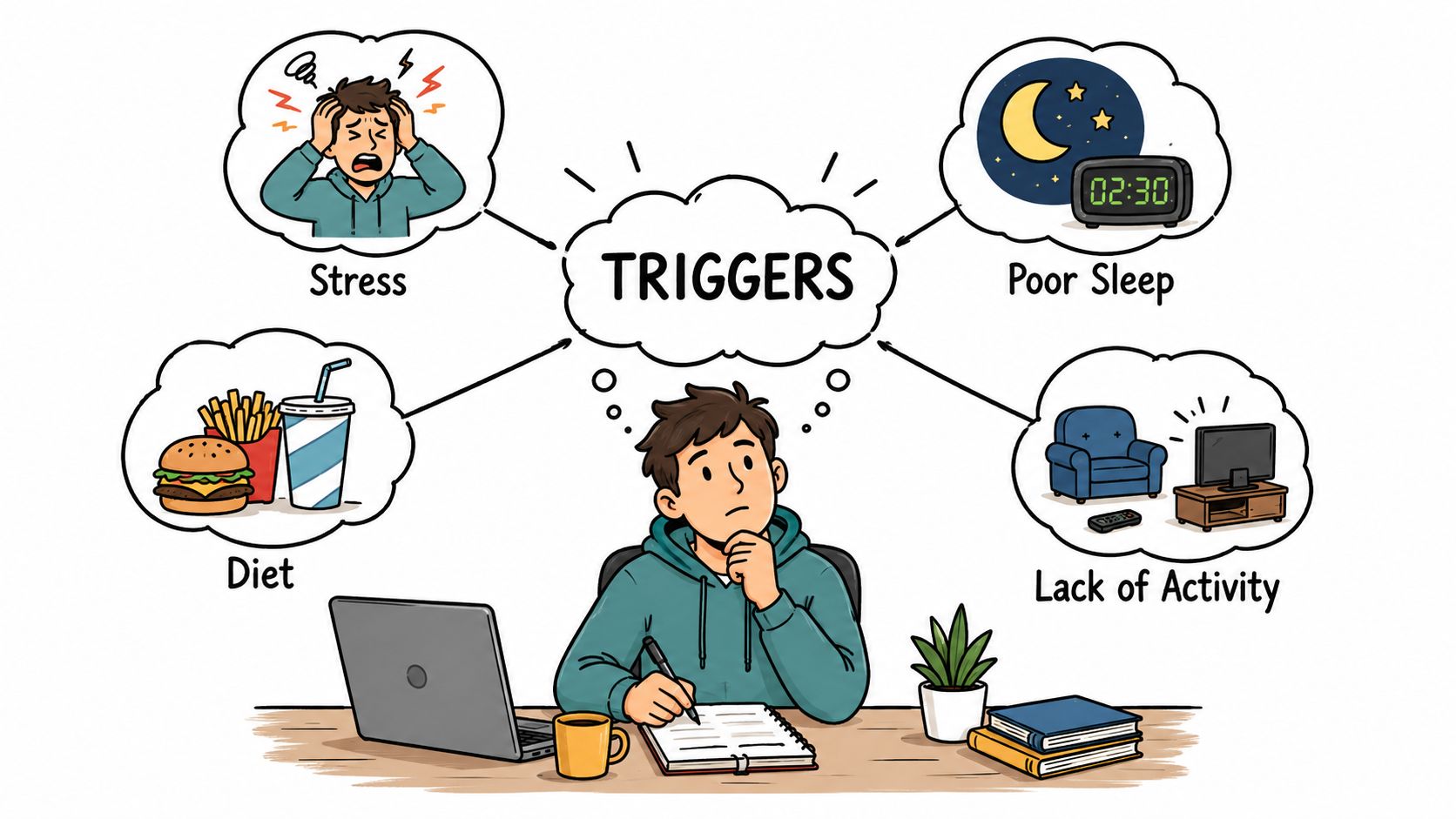 A person sitting at a desk identifying common life triggers like stress, poor sleep, diet, and inactivity.