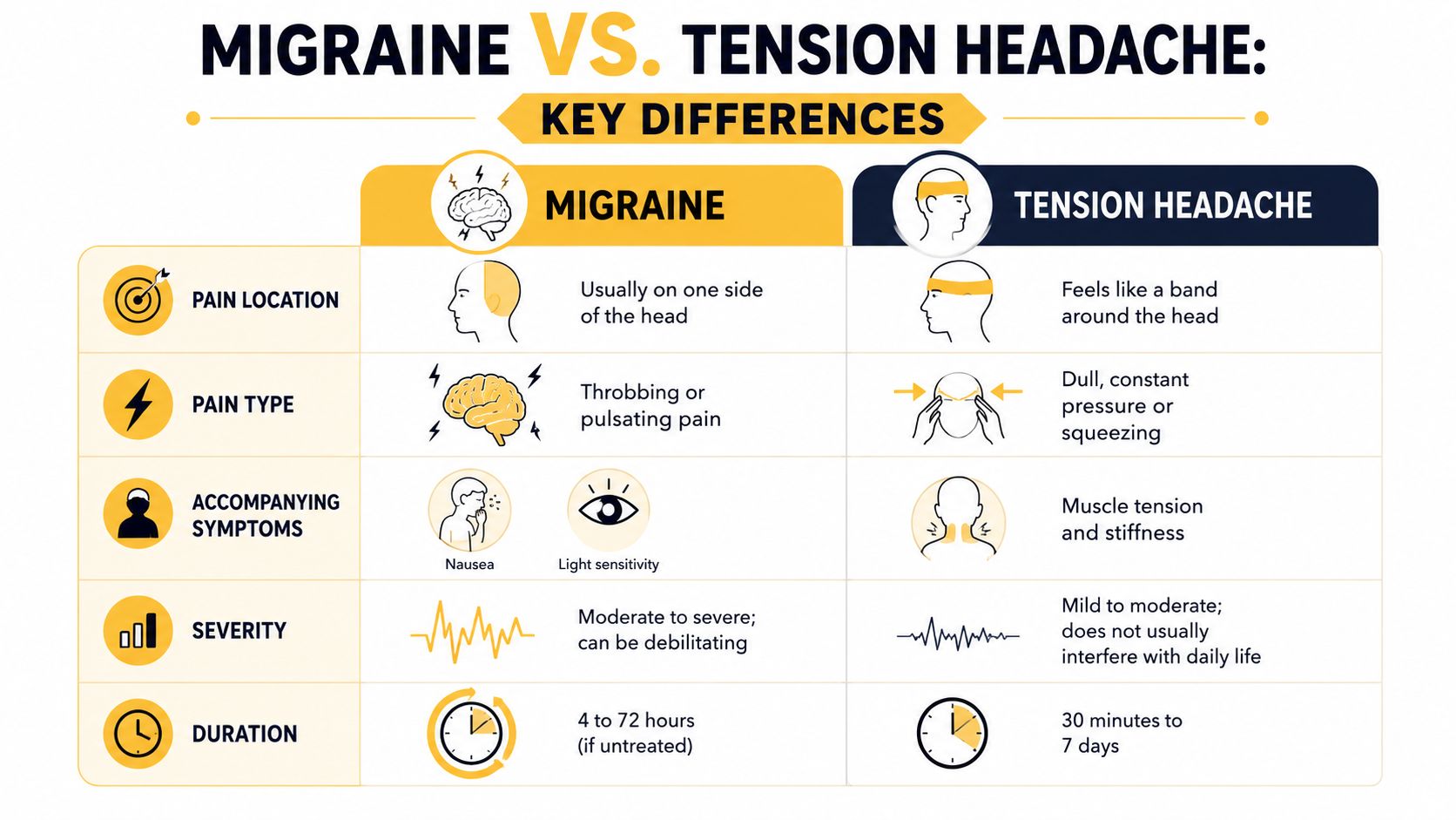 A comparison chart outlining the key differences between a migraine and a tension headache symptoms and characteristics.
