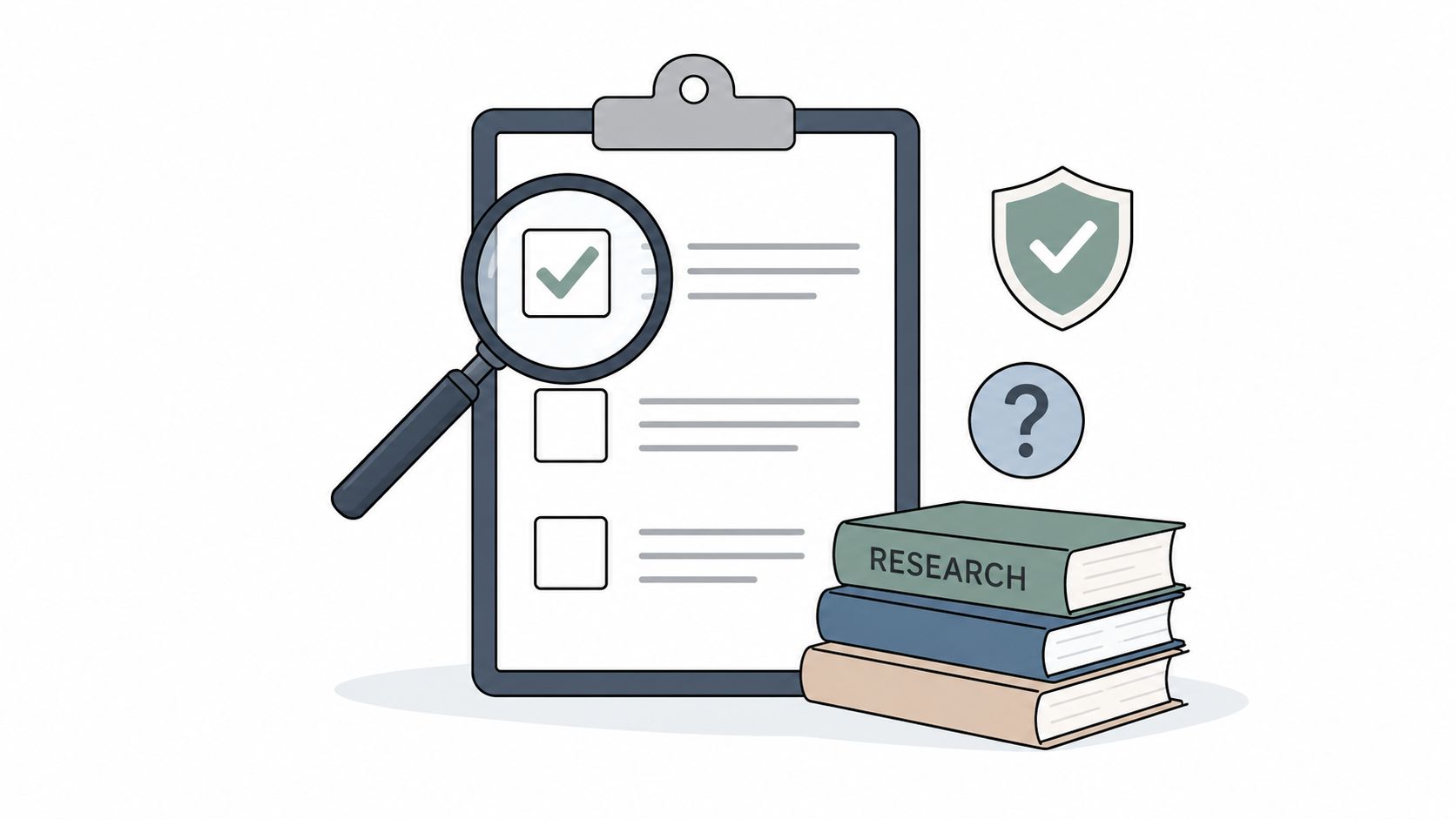 A clipboard with a checklist, a magnifying glass, a shield icon, and a stack of books