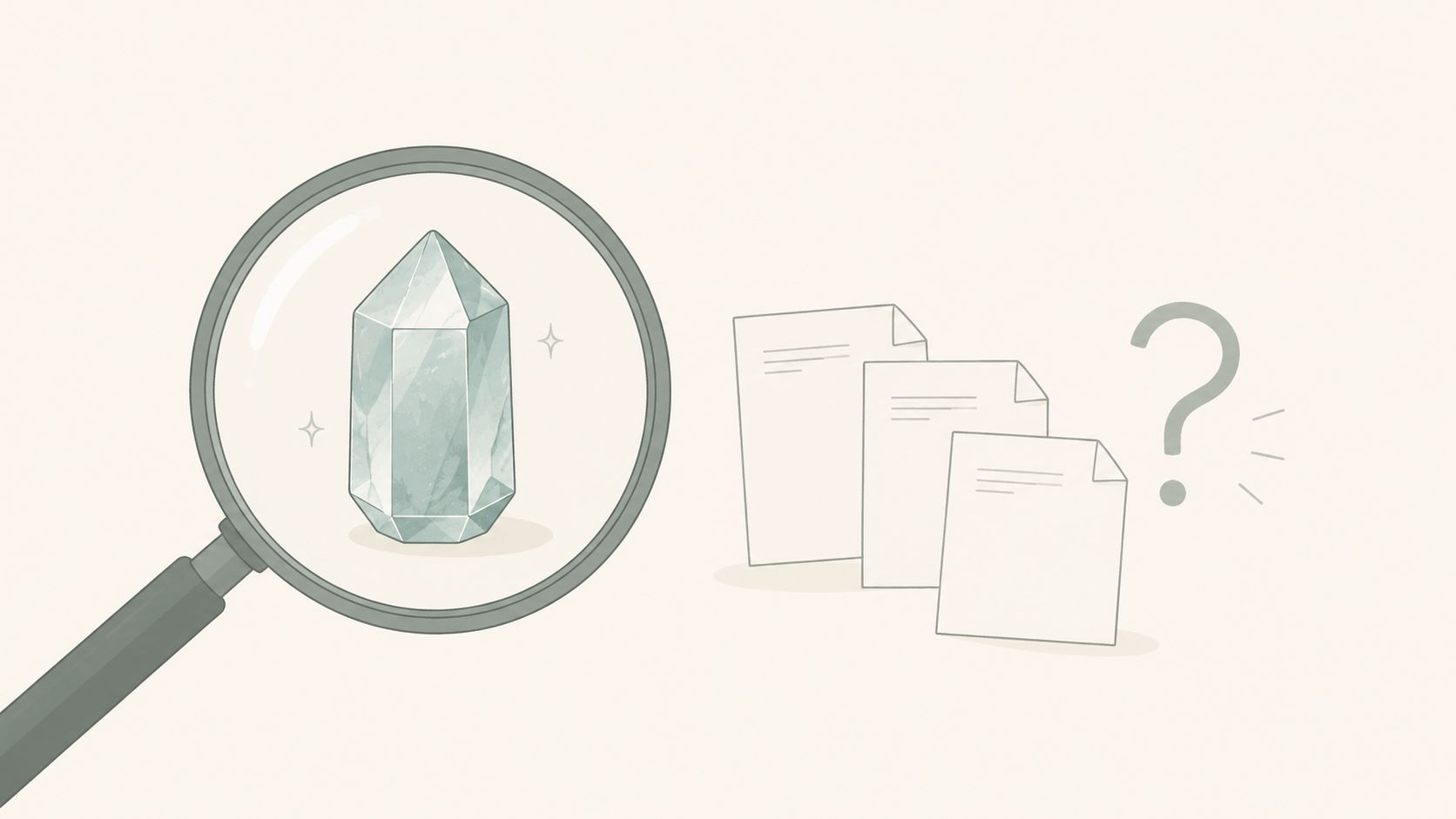 A magnifying glass focusing on a crystal next to document icons with a question mark.