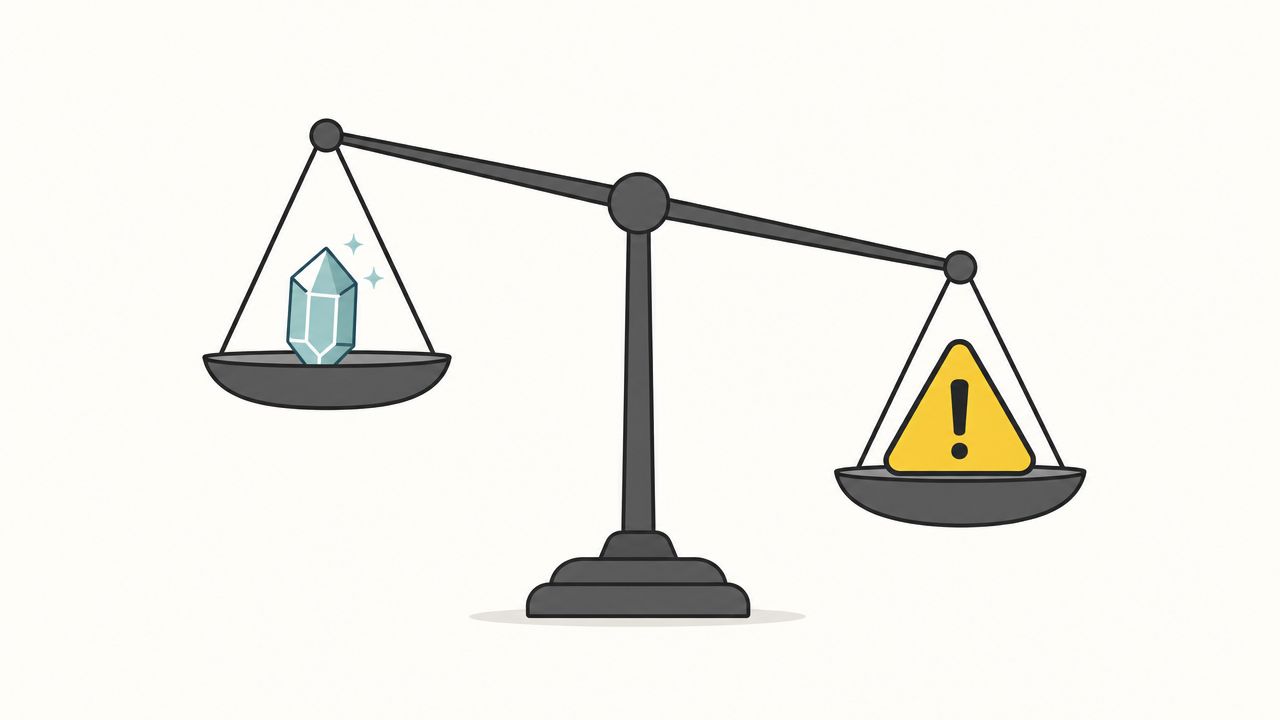 A conceptual illustration of a scale weighing a crystal against a yellow warning sign with an exclamation point.