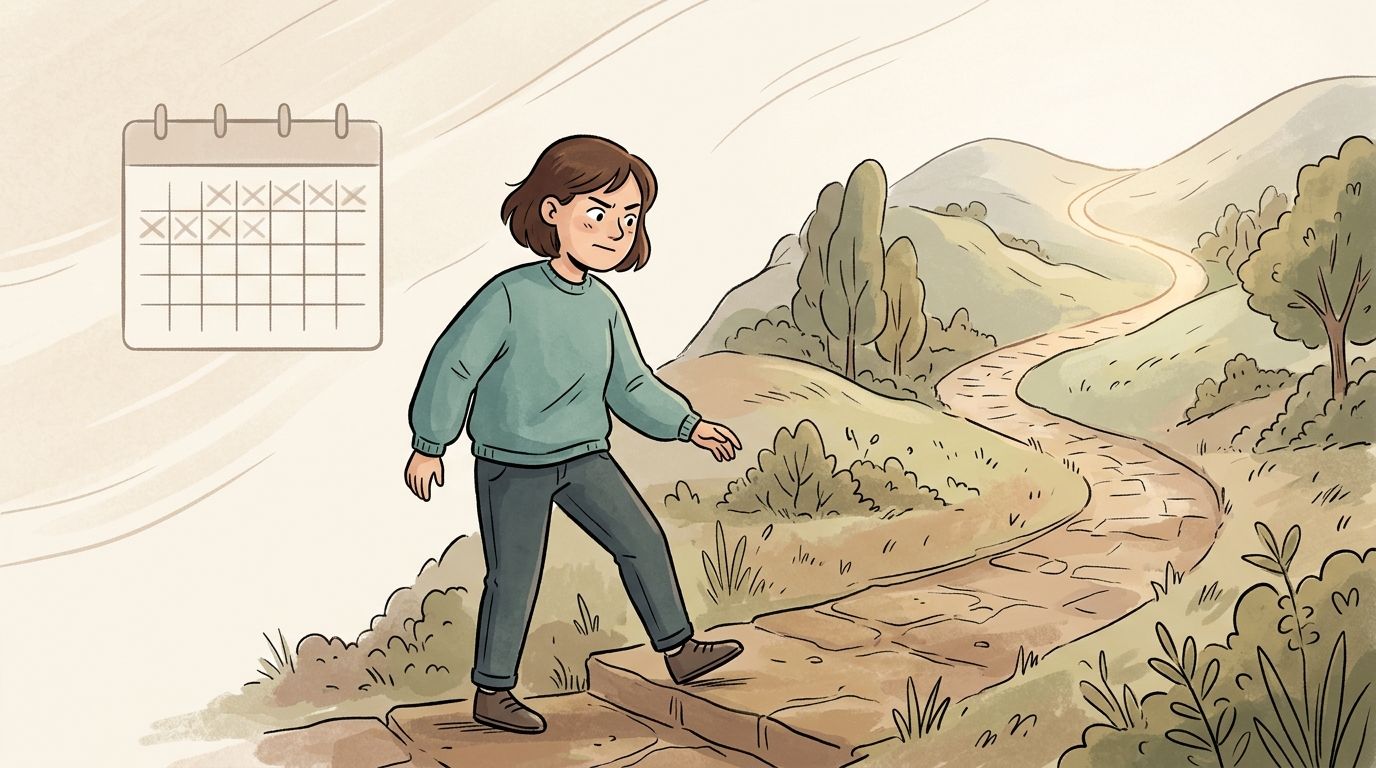 A woman looks concerned while walking along a path next to a calendar marked with many X symbols.