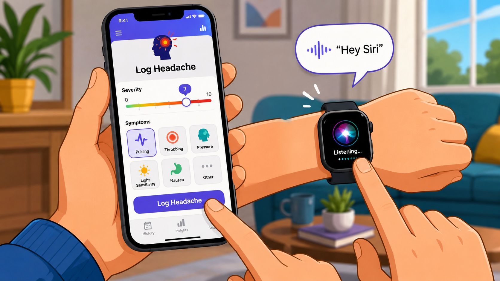 A person using a smartphone headache logging app while simultaneously activating Siri on their Apple Watch.