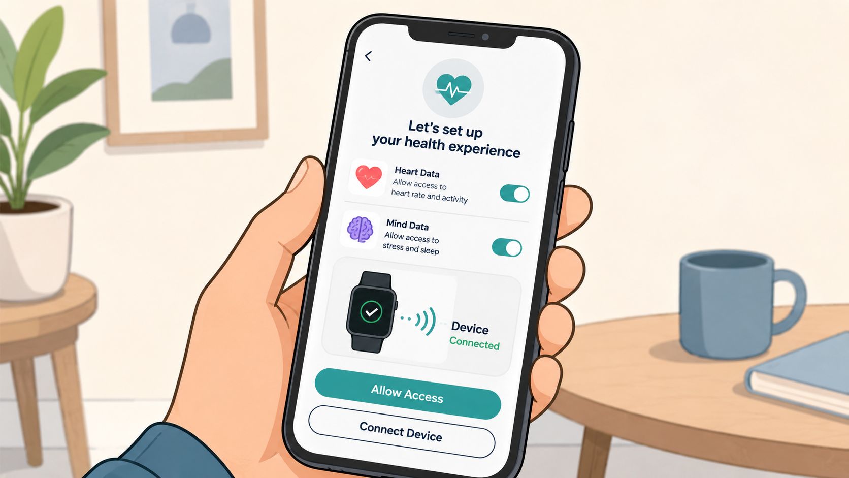 A hand holding a smartphone displaying a health app setup screen with heart and mind data access options.