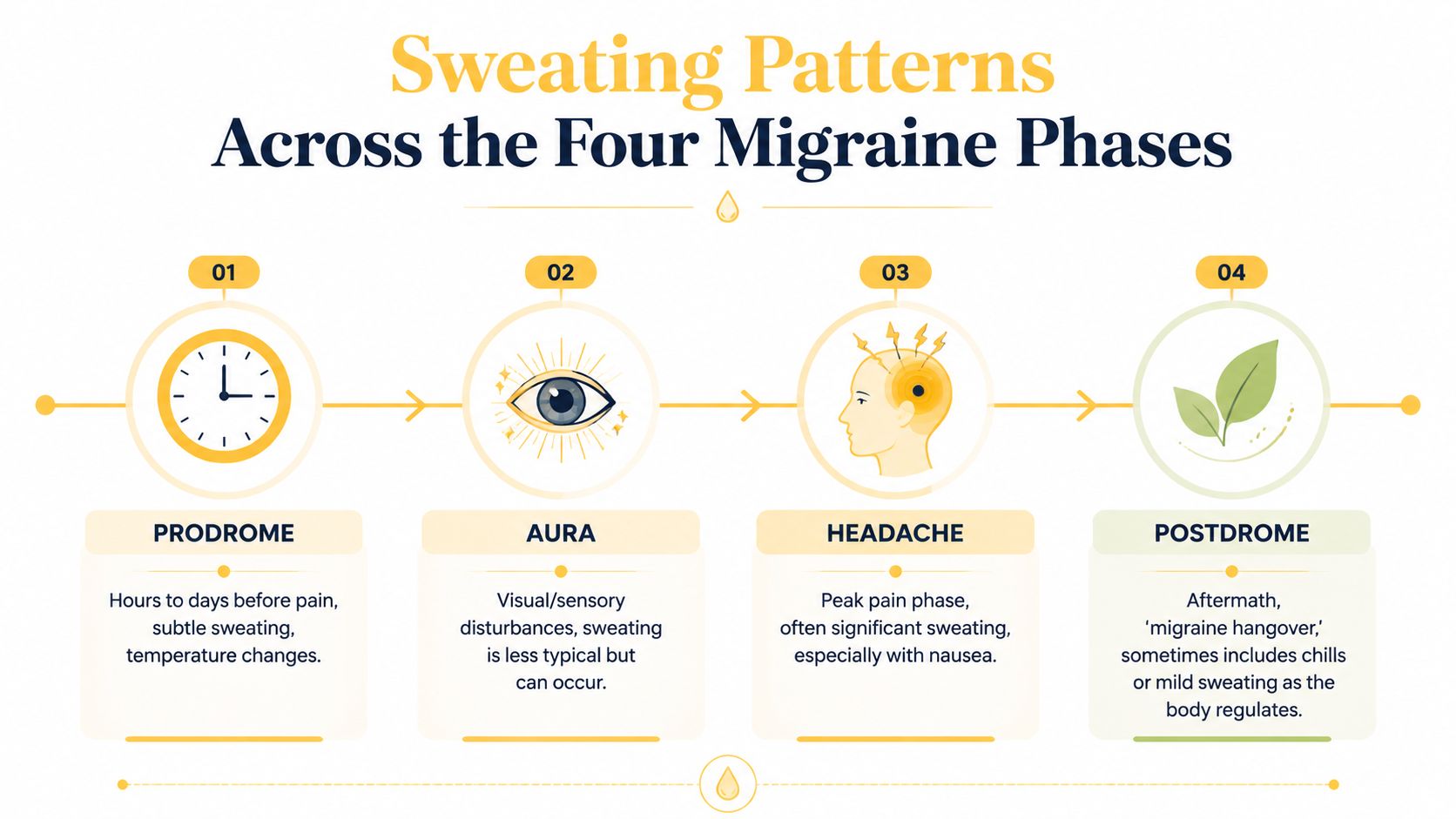An infographic illustrating how sweating patterns change throughout the four phases of a migraine headache.