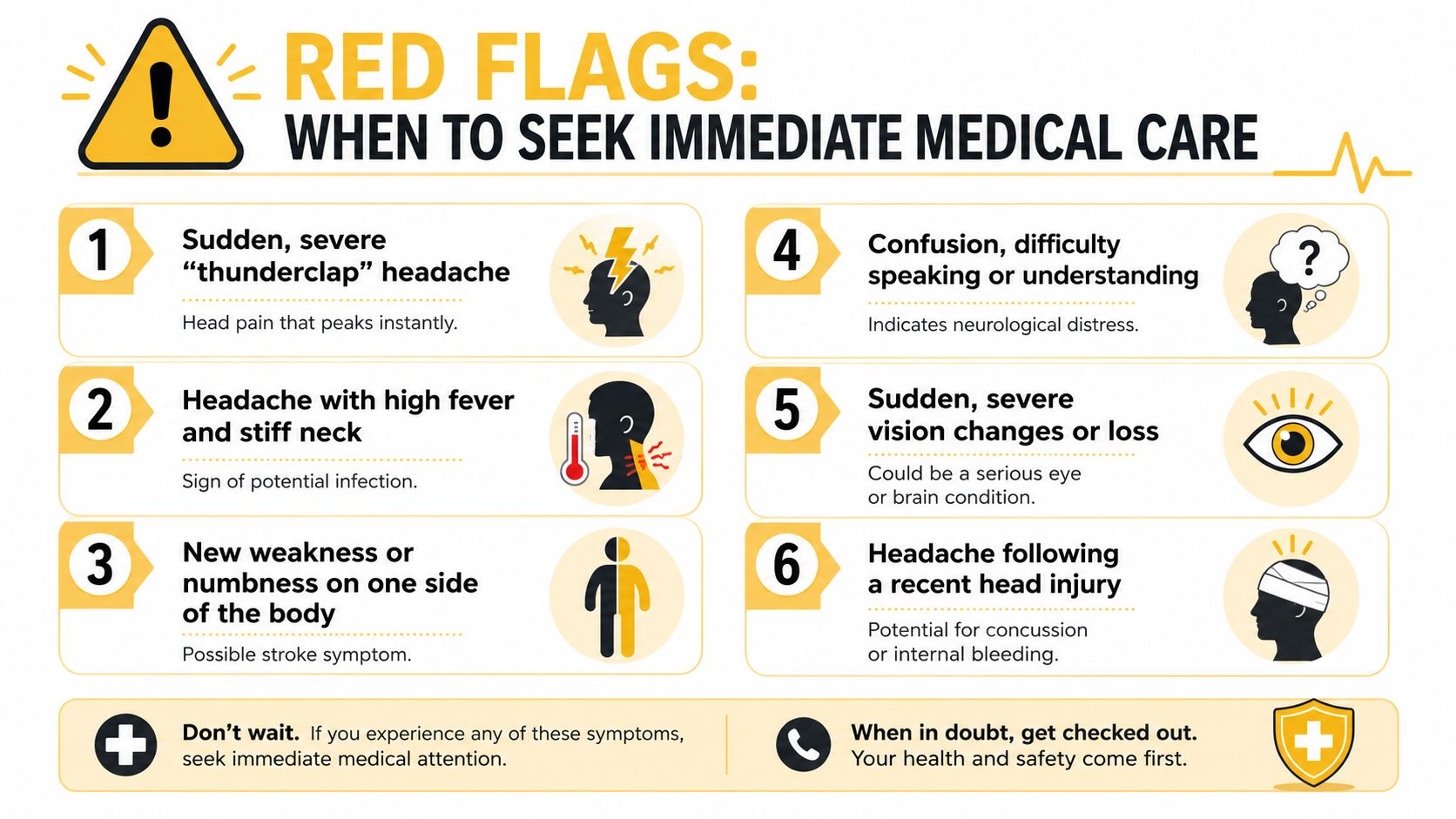 An infographic showing six emergency red flag symptoms for when to seek immediate medical attention.
