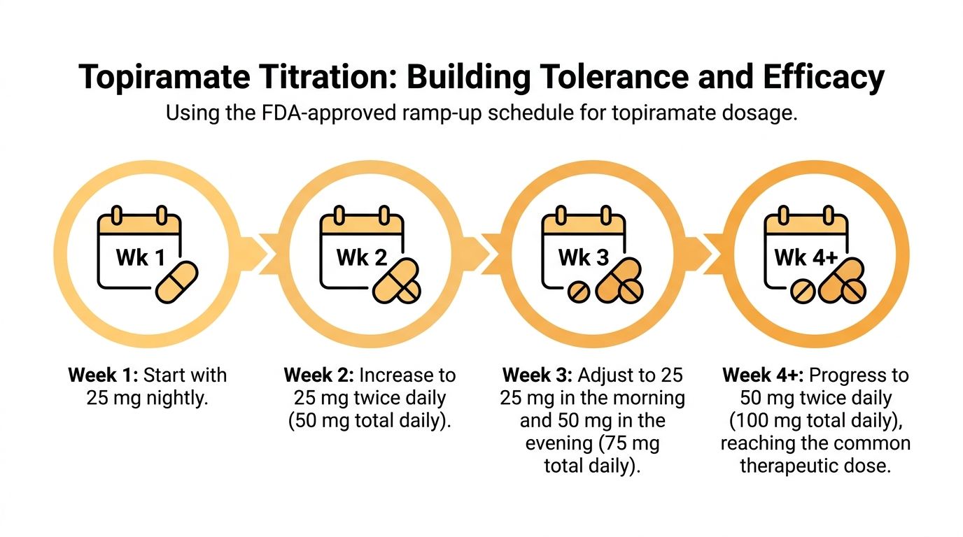 A visual guide showing the FDA-approved titration schedule for increasing topiramate dosage from week one to four.