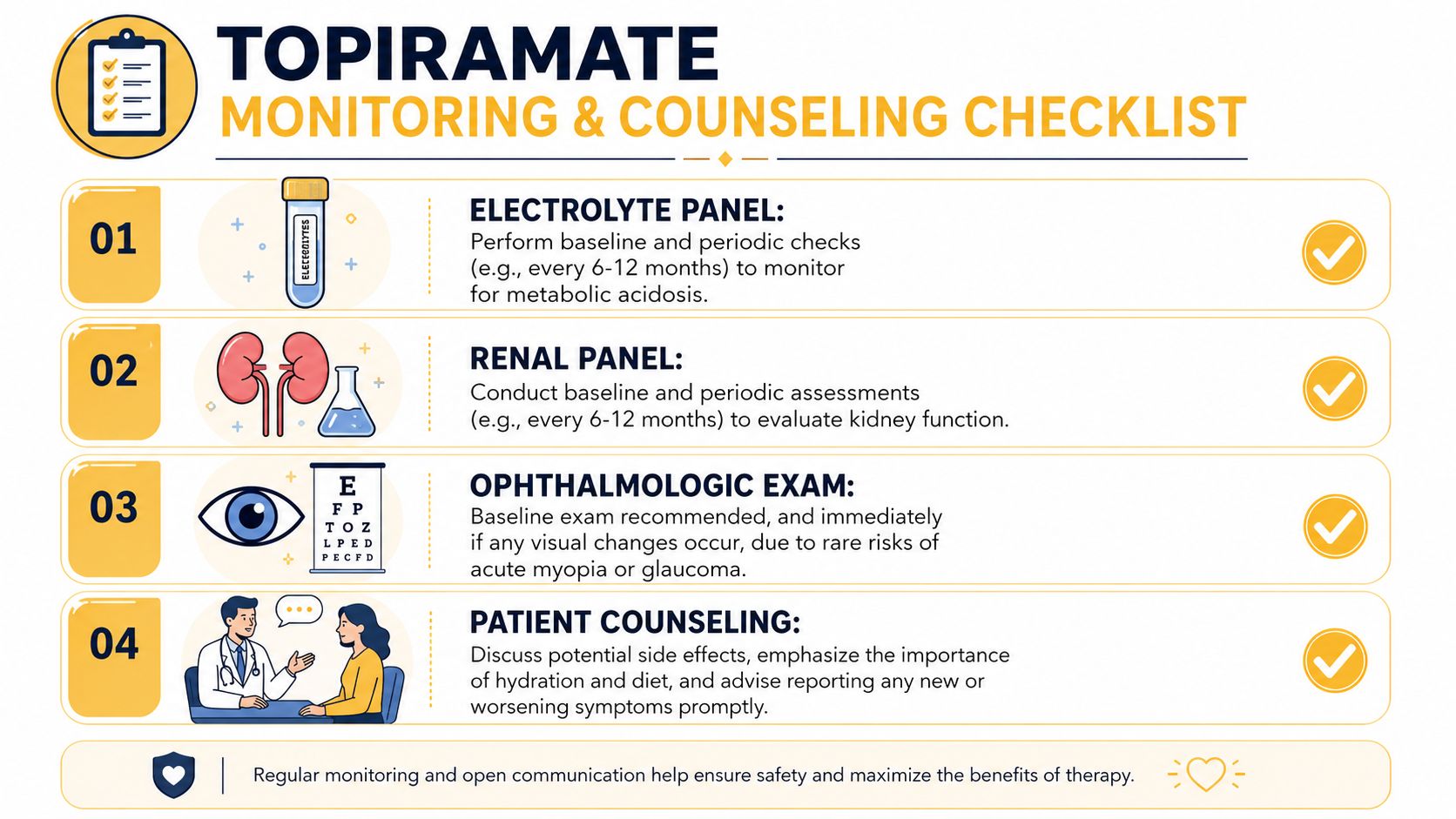 An infographic titled Topiramate Monitoring and Counseling Checklist, detailing four essential steps for patient safety and therapy management.
