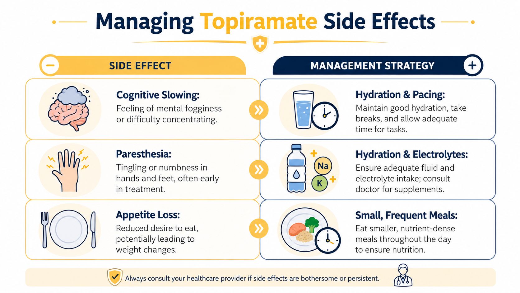 A guide showing side effects of topiramate and management strategies like hydration and small frequent meals.
