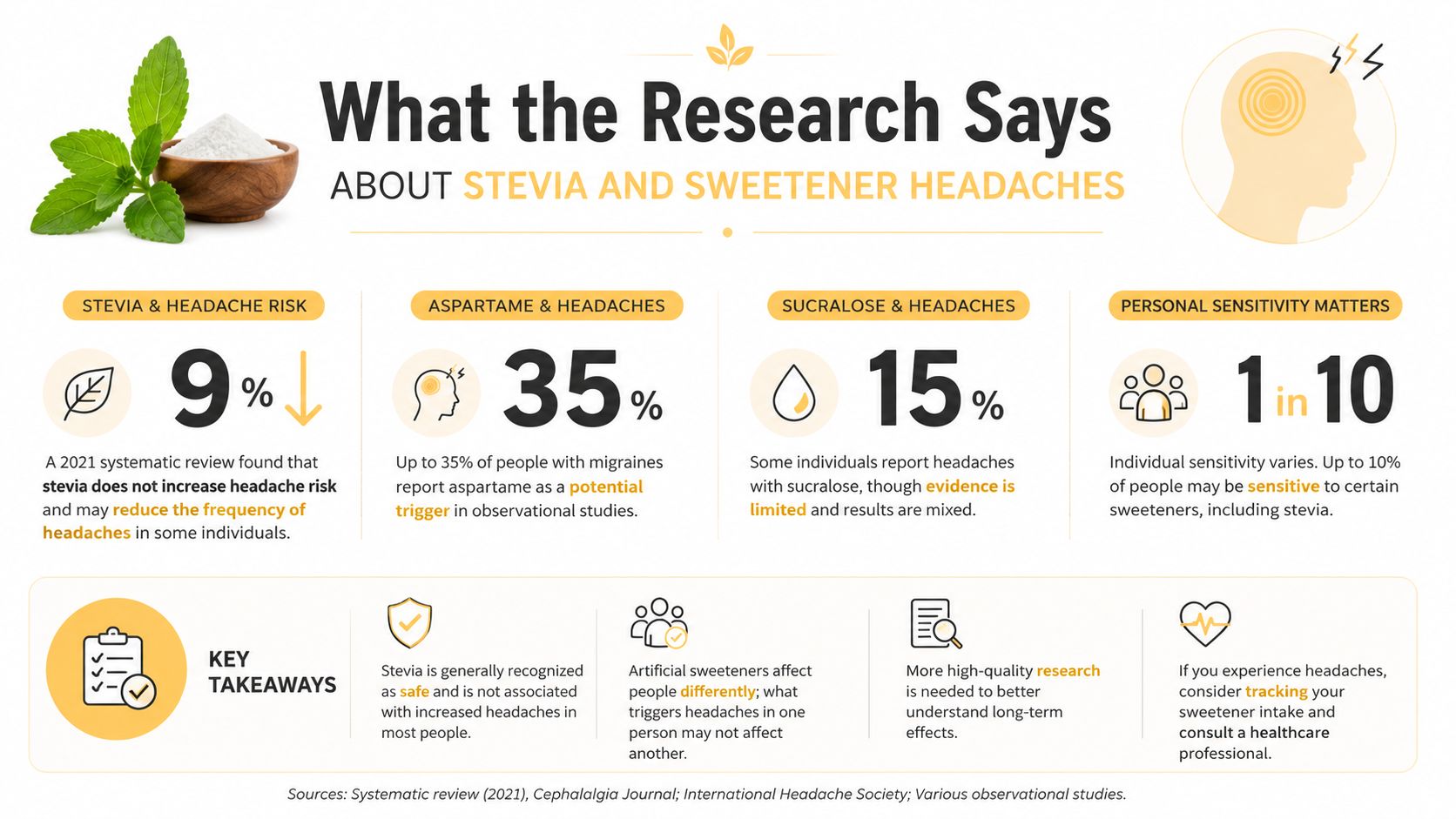 An infographic summarizing research on the relationship between stevia, artificial sweeteners, and headache occurrences in individuals.