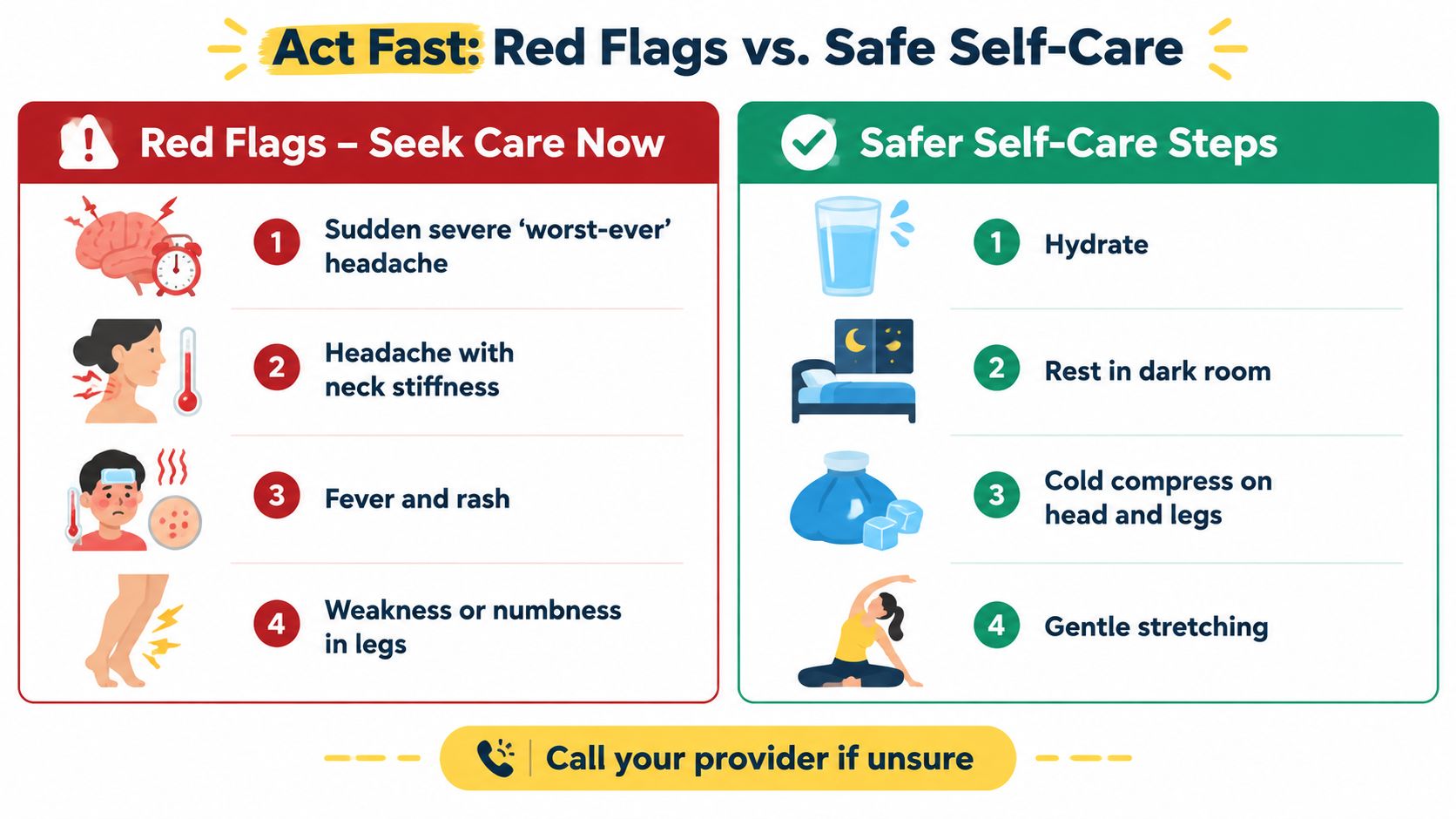A chart comparing emergency red flag headache symptoms with safe self-care steps for minor discomfort.