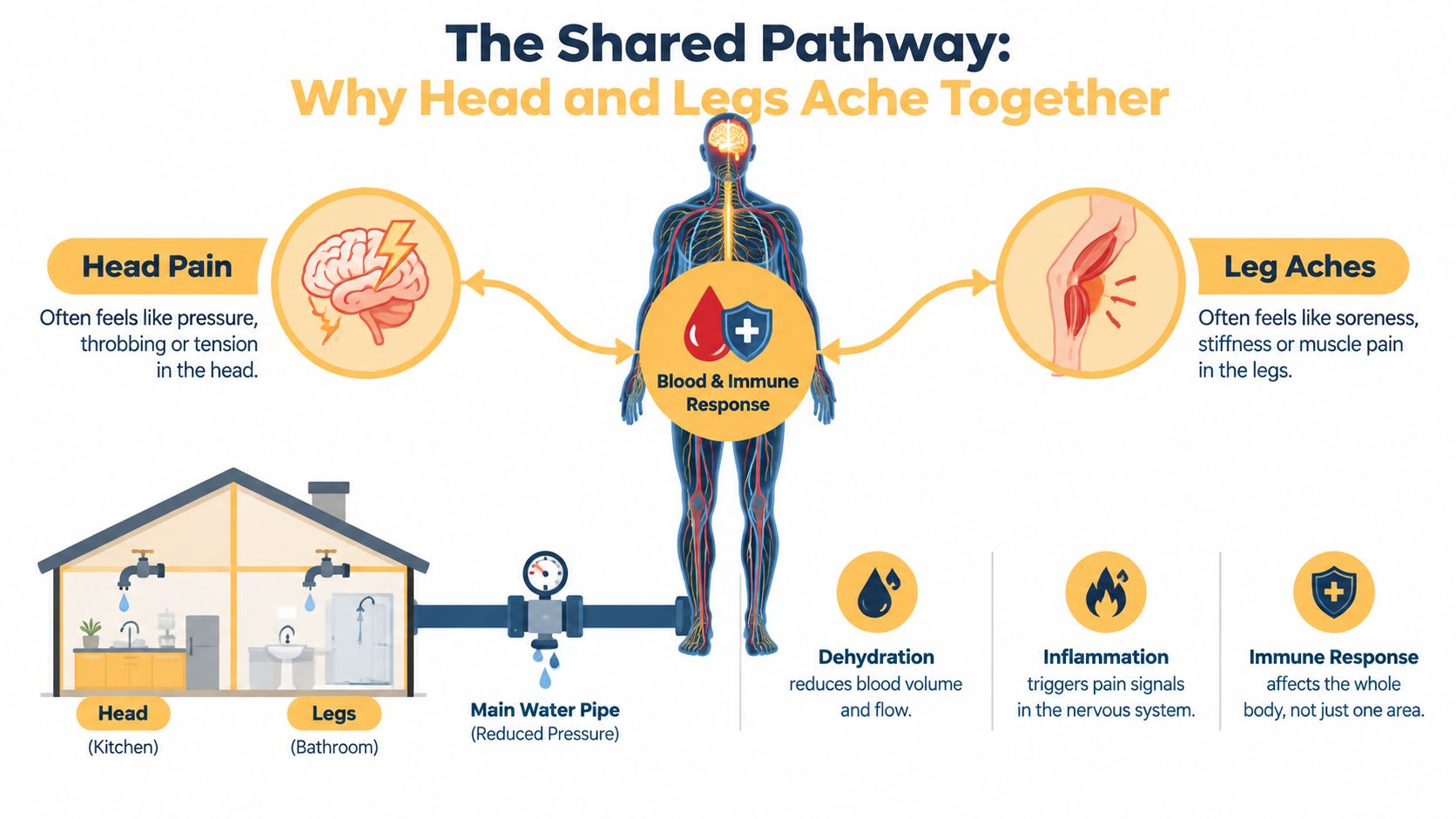 A diagram explaining how dehydration, inflammation, and immune responses cause both head pain and leg aches simultaneously.