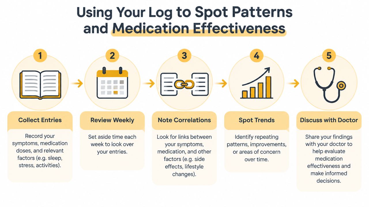 A five-step infographic showing how to use a personal log to track medication effectiveness and symptoms.
