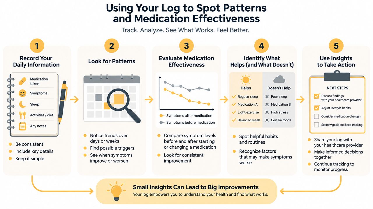 A five-step infographic showing how to use a personal log to track patterns and improve medication effectiveness.
