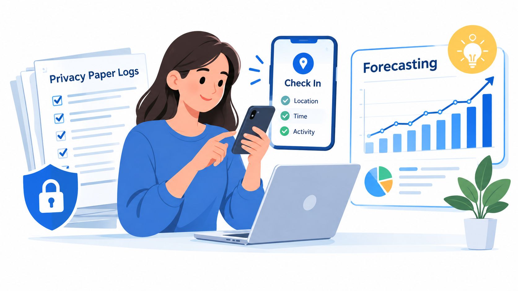 A woman using a smartphone for digital tracking alongside paper logs and business forecasting charts.